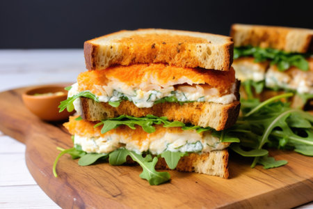 fish sandwich with a bite missing on a wooden board, created with generative aiの素材