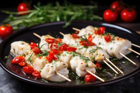 skewers with white fish pieces and cherry tomatoes on them, created with generative aiの素材