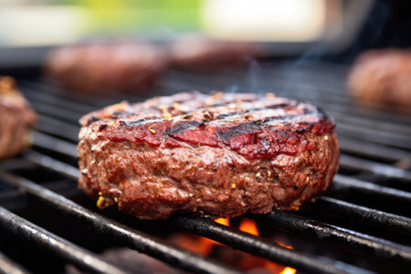 grill with a closeup view of a single burger patty, created with generative aiの素材
