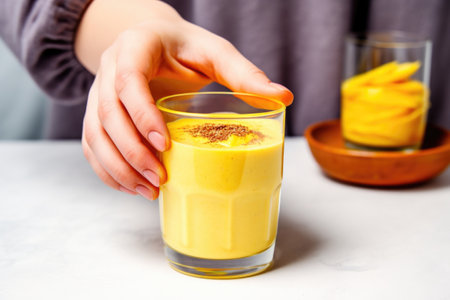 hand serving an attractive glass of flaxseed mango smoothie, created with generative aiの素材