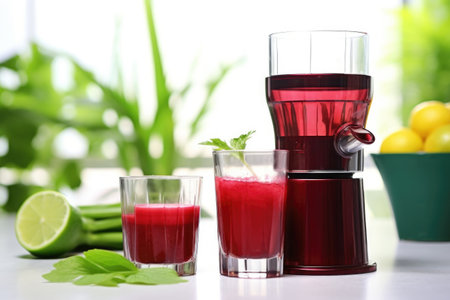 beet juice glass next to an empty juicer, created with generative aiの素材