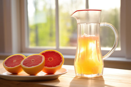 grapefruit juice in a transparent pitcher against a sunny window, created with generative aiの素材
