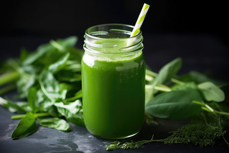 green juice in a glass bottle with a bent metal straw, created with generative aiの素材