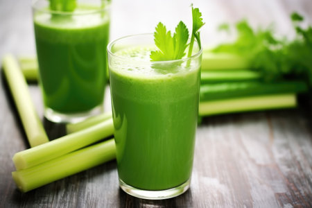a tall glass wins of celery juice with celery stalks nearby, created with generative aiの素材