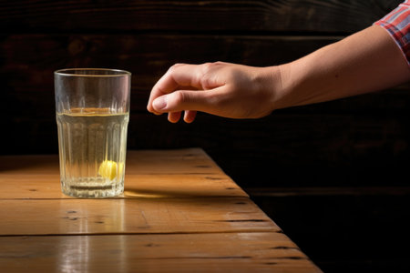 hand passing a glass of lemonade across a wooden table, created with generative aiの素材