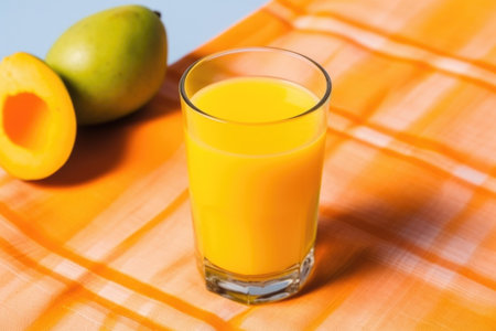 tilted shot of mango juice on a colorful tabletop, created with generative aiの素材