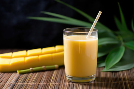 mango juice in a curved glass with a bamboo straw, created with generative aiの素材