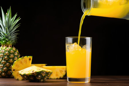pineapple juice pouring into a glass with a straw, created with generative aiの素材