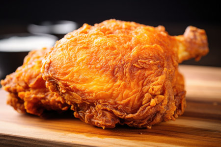 close-up of a juicy piece of fried chicken, created with generative aiの素材