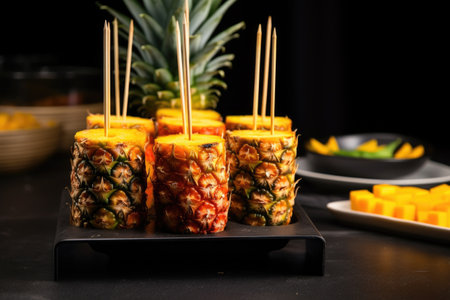 skewers neatly positioned in a pineapple half as a holder, created with generative aiの素材