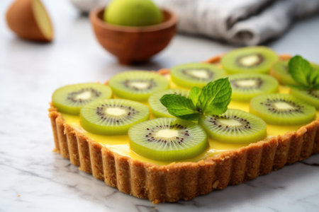 freshly made kiwi fruit tart on a marble slab, created with generative aiの素材