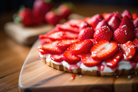 close-up of a strawberry tart on a wooden tabletop, created with generative aiの素材
