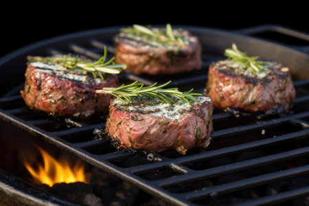 lamb medallions on a cast iron griddle coated with garlic and rosemary, created with generative aiの素材