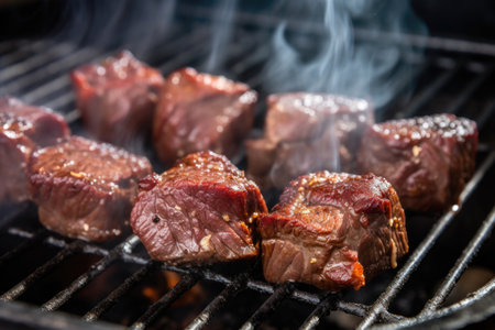 steak tips on bbq grill with garlic-infused smoke filling the air, created with generative aiの素材