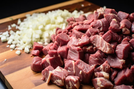 chopped garlic piled over raw marinated steak tips, created with generative aiの素材
