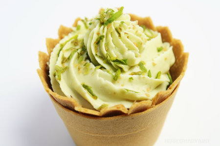 close-up of a pistachio gelato swirl in a waffle cup, created with generative aiの素材