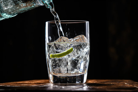 gin pouring into a glass with tonic water splashing, created with generative aiの素材