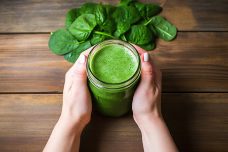 hand holding a green smoothie with wooden background, created with generative aiの素材