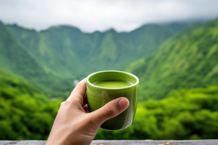hand holding a steaming mug of green tea with a mountain backdrop, created with generative aiの素材