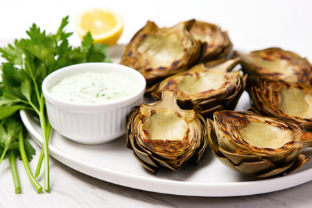 grilled artichokes with garlic dip on a marble countertop, created with generative aiの素材