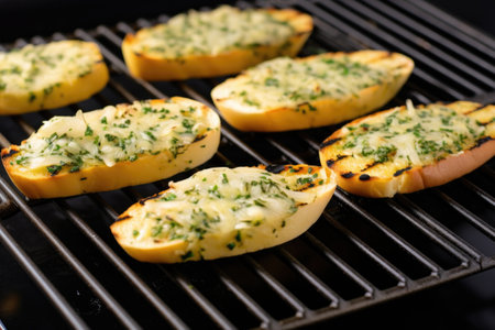 garlic bread on grilling rack with grill marks visible, created with generative aiの素材
