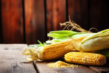 corn on the cob with grill mark on wooden table, created with generative aiの素材
