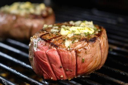 grilled filet mignon with garlic butter melting on top, created with generative aiの素材