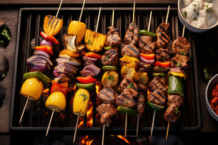 overhead shot of lamb kebabs with grilled vegetables, created with generative aiの素材