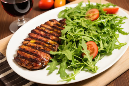 placing grilled octopus on fresh arugula salad, created with generative aiの素材