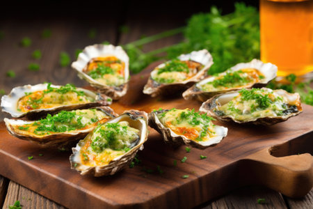 grilled oysters garnished with parsley on wooden slab, created with generative aiの素材