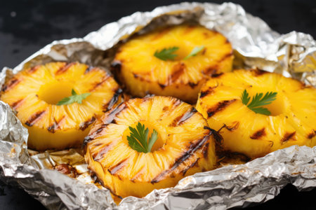 grilled pineapple slices on a foil, created with generative aiの素材