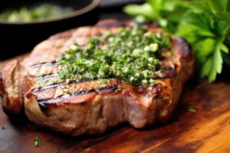 garnishing grilled pork chop with chopped parsley, created with generative aiの素材