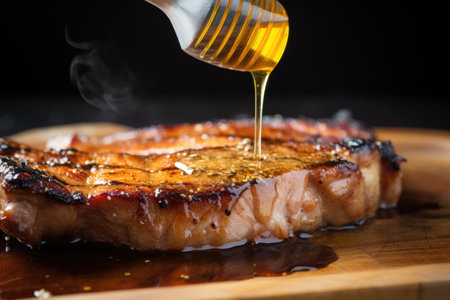 drizzling honey over grilled pork chop by using a spoon, created with generative aiの素材