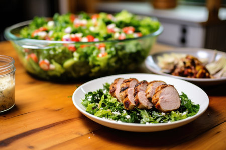 setting side salad next to grilled pork chop on plate, created with generative aiの素材
