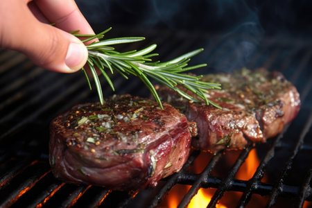 hand placing rosemary sprig on a grilled steak, created with generative aiの素材