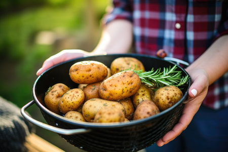 hand holding a basket of potatoes for grilling, created with generative aiの素材