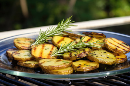 grilled potatoes with rosemary on a glass plate, created with generative aiの素材
