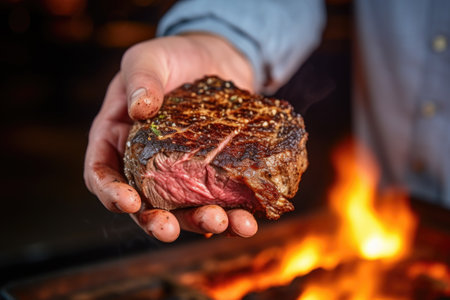 hand presenting a grilled and smoked ribeye steak, created with generative aiの素材