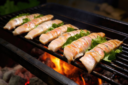laying raw fish fillets on a hot barbecue, created with generative aiの素材