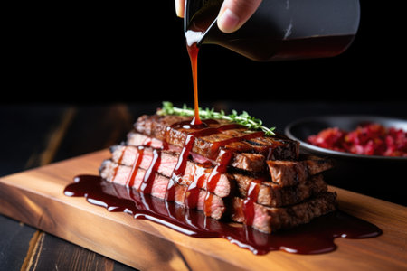 hand pouring sauce over a grilled seitan steak, created with generative aiの素材