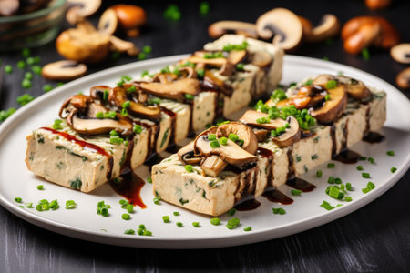 grilled tofu steak stuffed with mushrooms on a flat platter, created with generative aiの素材