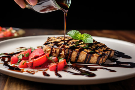 hand drizzling balsamic glaze on grilled tofu steak, created with generative aiの素材