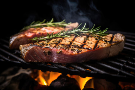 grilled tuna steak with rosemary sprigs on top, created with generative aiの素材