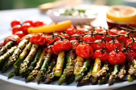 platter filled with grilled tomatoes and asparagus spears, created with generative aiの素材