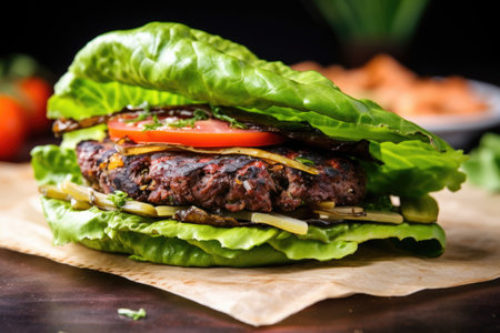 grilled veggie burger sandwiched by lettuce leaves, created with generative aiの素材