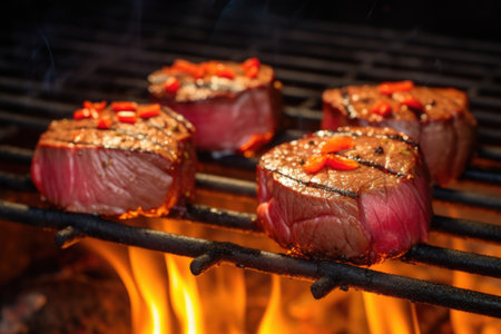 venison steaks on a bbq grill with red flame underneath, created with generative aiの素材