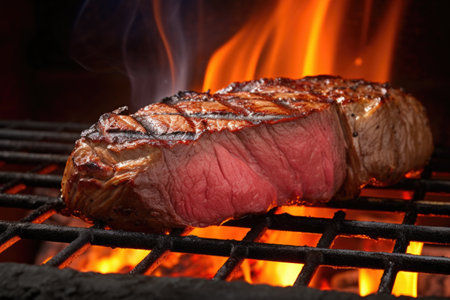 steak over boisterous flames on a barbecue grill, created with generative aiの素材