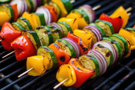 close view of grill marks on a vegetable kabob, created with generative aiの素材