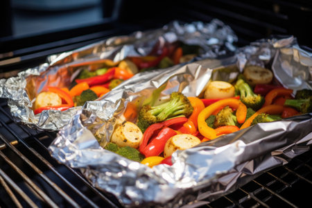 foil pack vegetables steaming on a propane grill, created with generative aiの素材