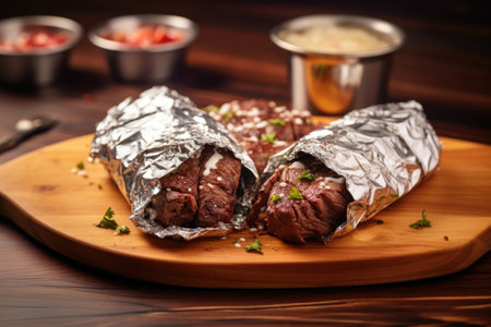 gyros wrapped in aluminum foil on a wooden board, created with generative aiの素材